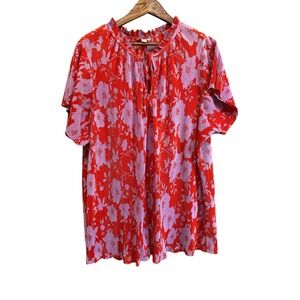Cato's Floral Print Pleated Blouse Ruffle‎ Neck Top Red Purple Plus Size 22/24